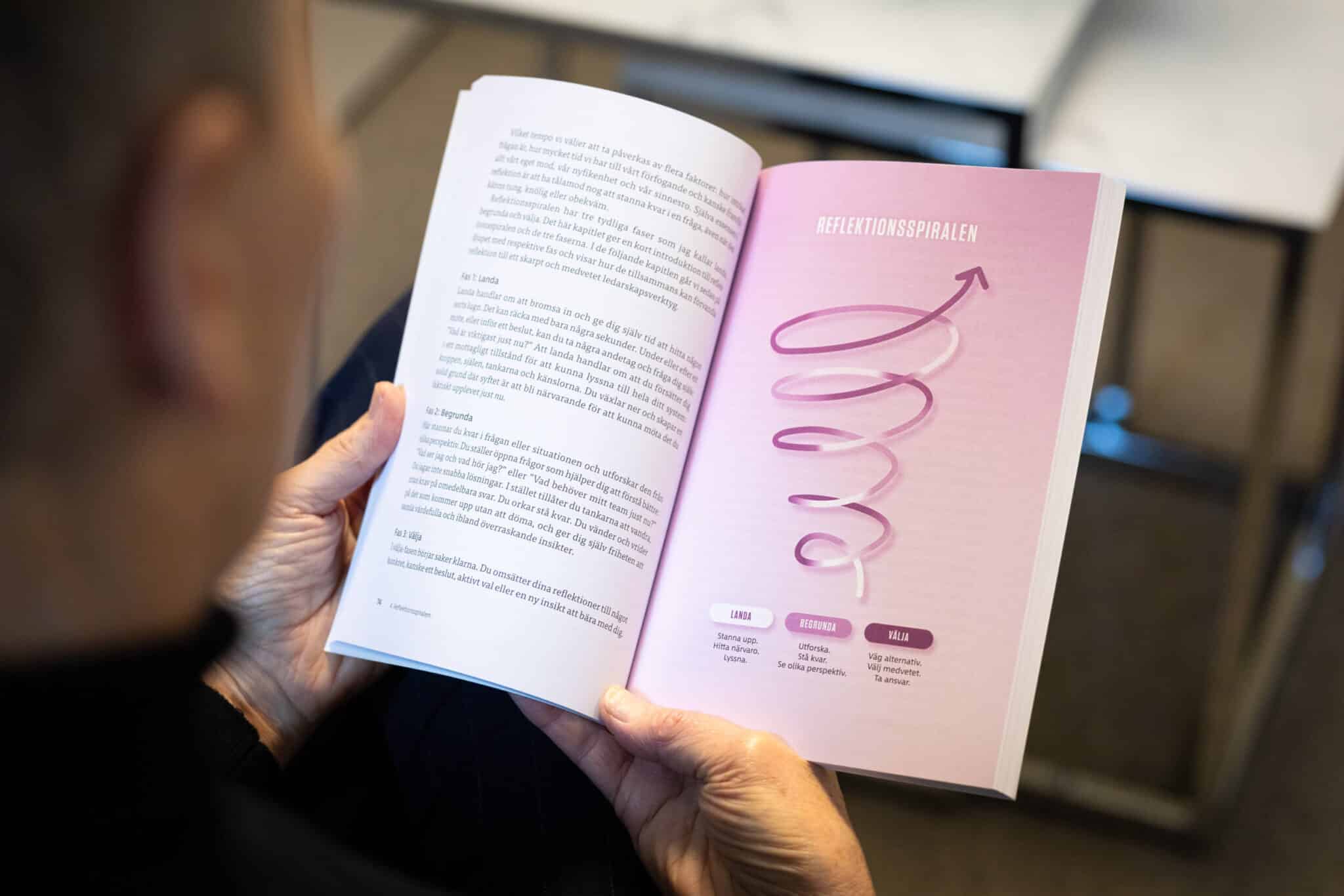 Person håller boken Reflektionens kraft öppen på uppslaget om Reflektionsspiralen — Ylva M Andersson